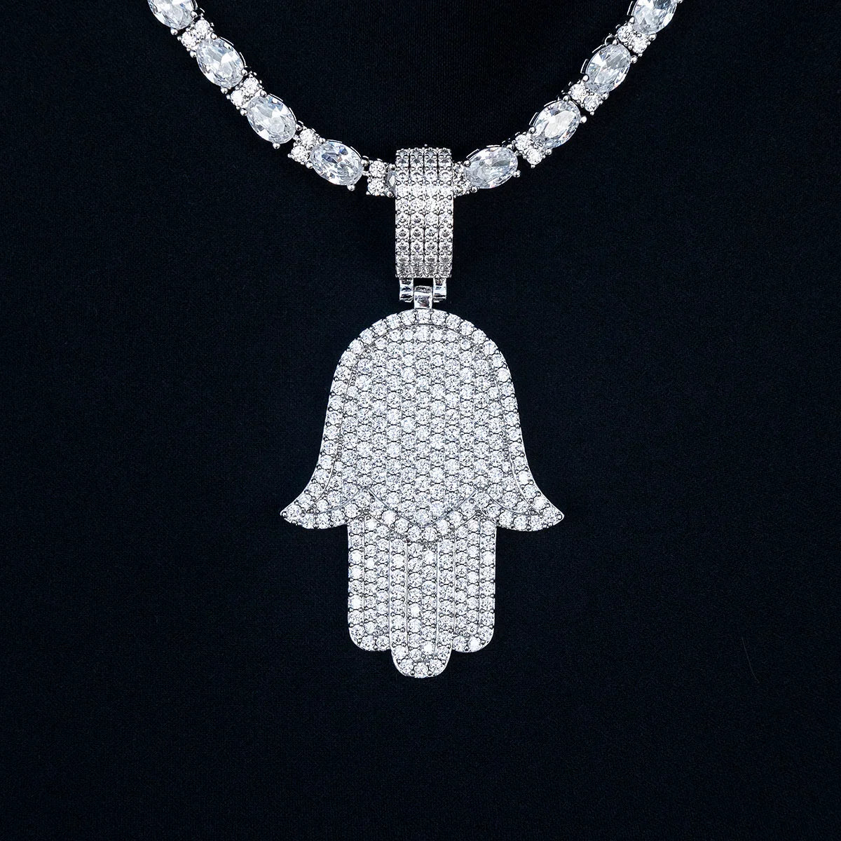 Large Iced Baguette Hamsa Pendant in White Gold