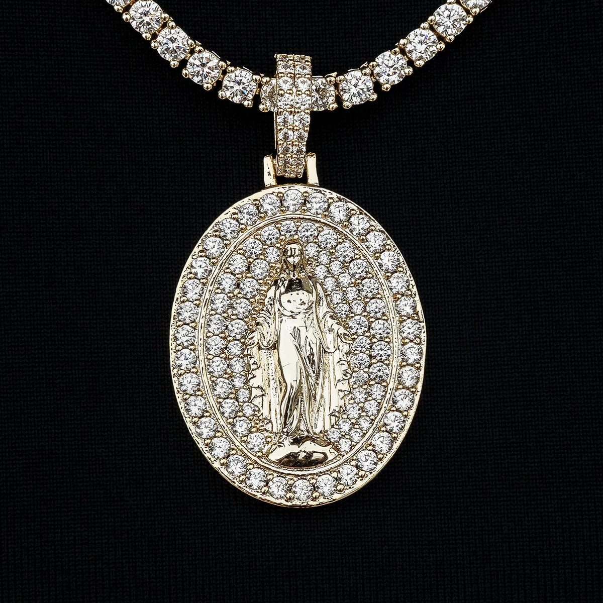Iced Lady of Guadalupe Pendant in Yellow Gold