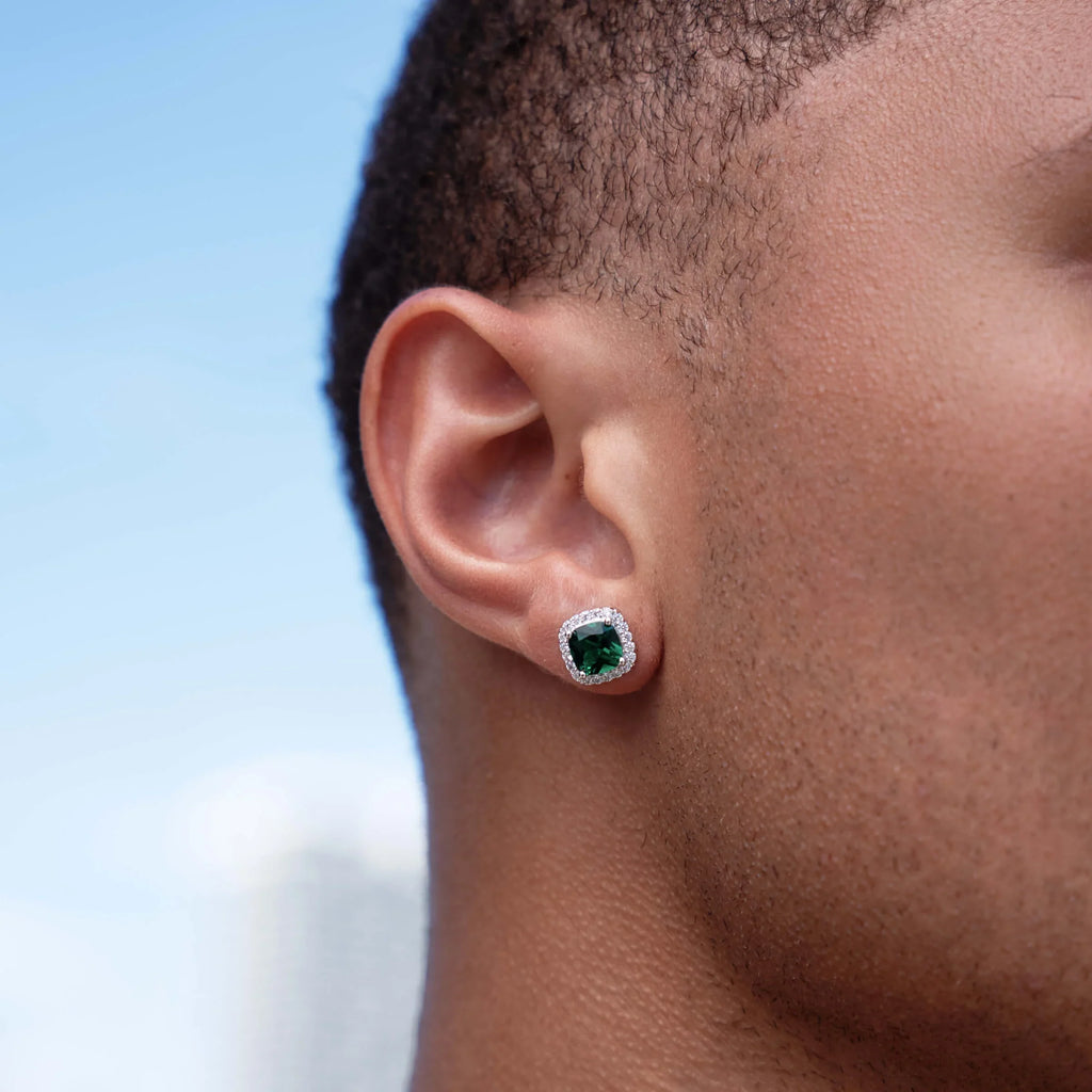 10MM Emerald Cushion Cut Stud Earring in White Gold