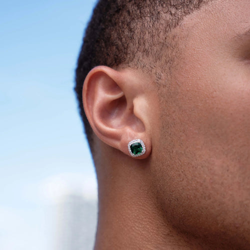 10MM Emerald Cushion Cut Stud Earring in White Gold