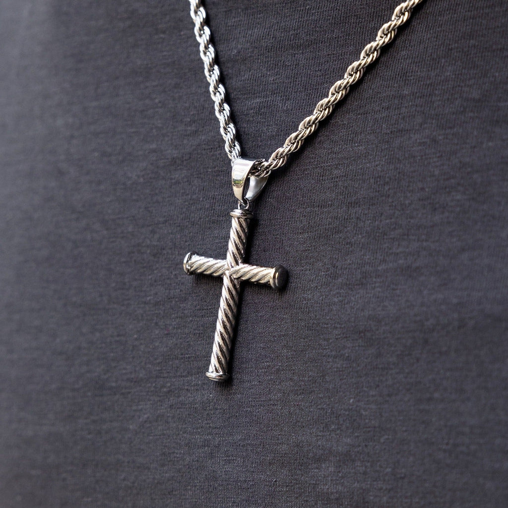 Twisted Rope Cross Pendant + 2MM Rope Chain Bundle in White Gold