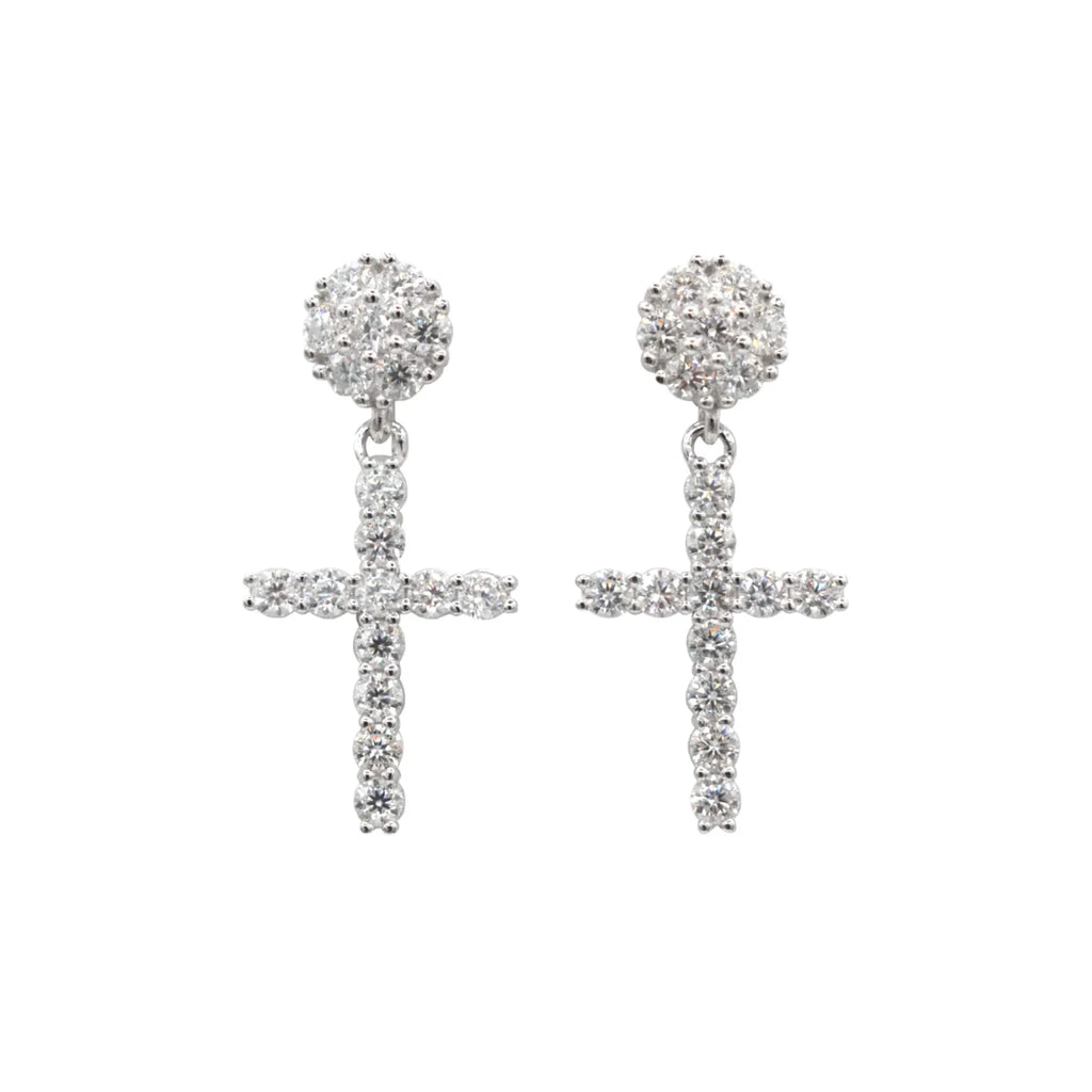 Men's Moissanite Diamond Studded Cross Earring in White Gold Vermeil