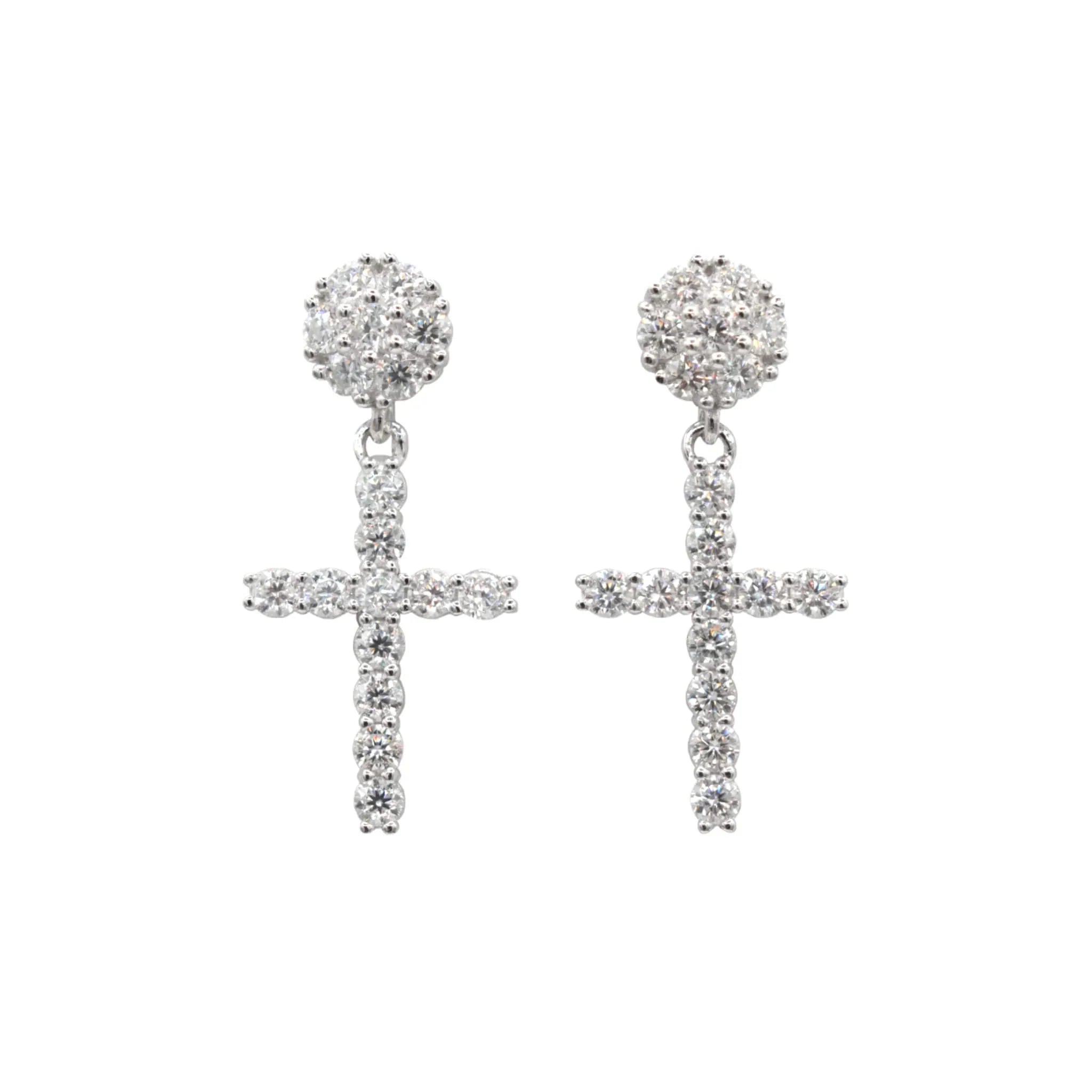 Men's Moissanite Diamond Studded Cross Earring in White Gold Vermeil