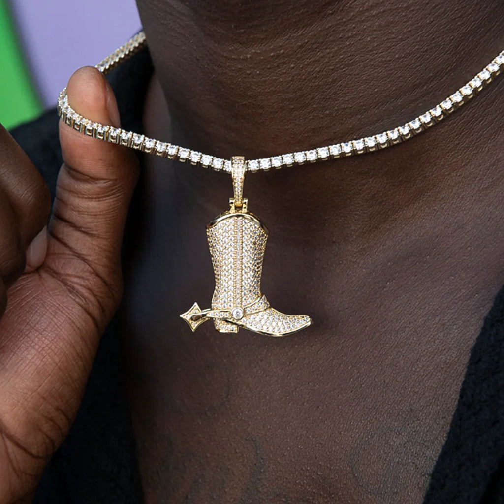 Iced Cowboy Boot Pendant in Yellow Gold