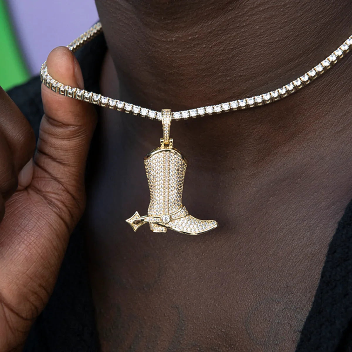 Iced Cowboy Boot Pendant in Yellow Gold