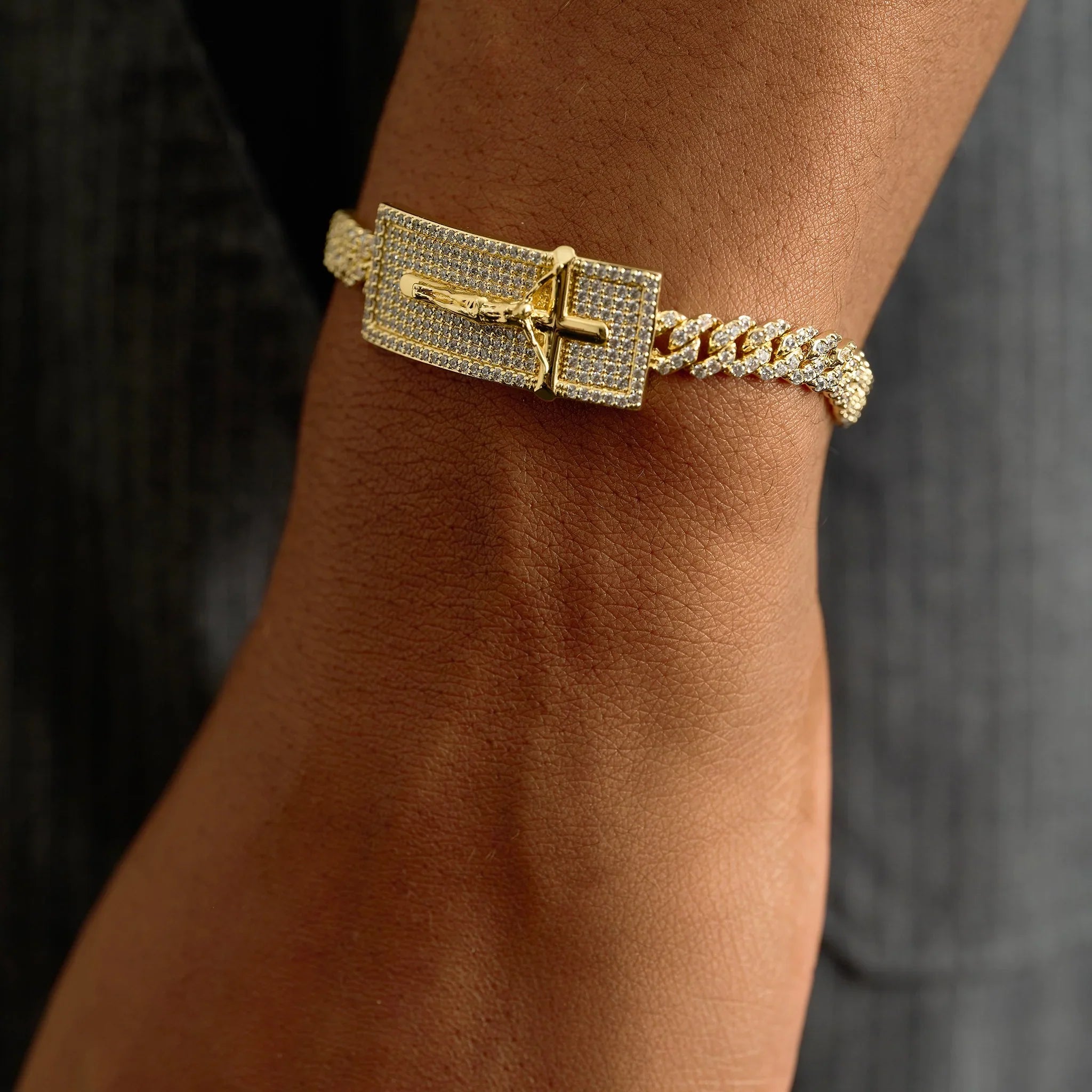 Iced Crucifix Cross Plate Bracelet in Yellow Gold