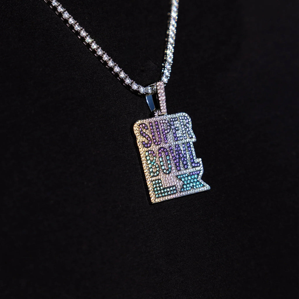 Iced 2026 Blue Ombre Stacked Super Bowl LX Official NFL Wordmark Pendant in White Gold