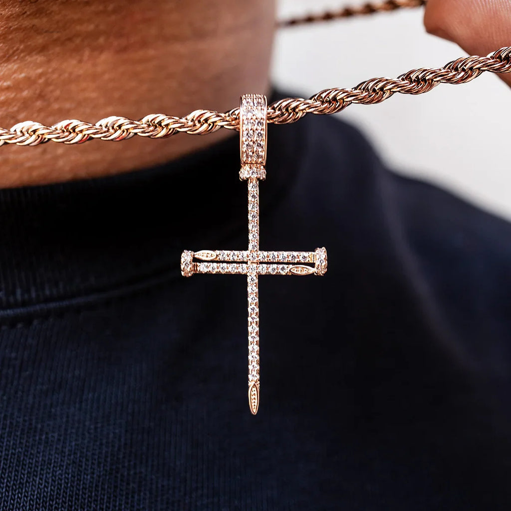 Iced Nail Cross Pendant in Rose Gold