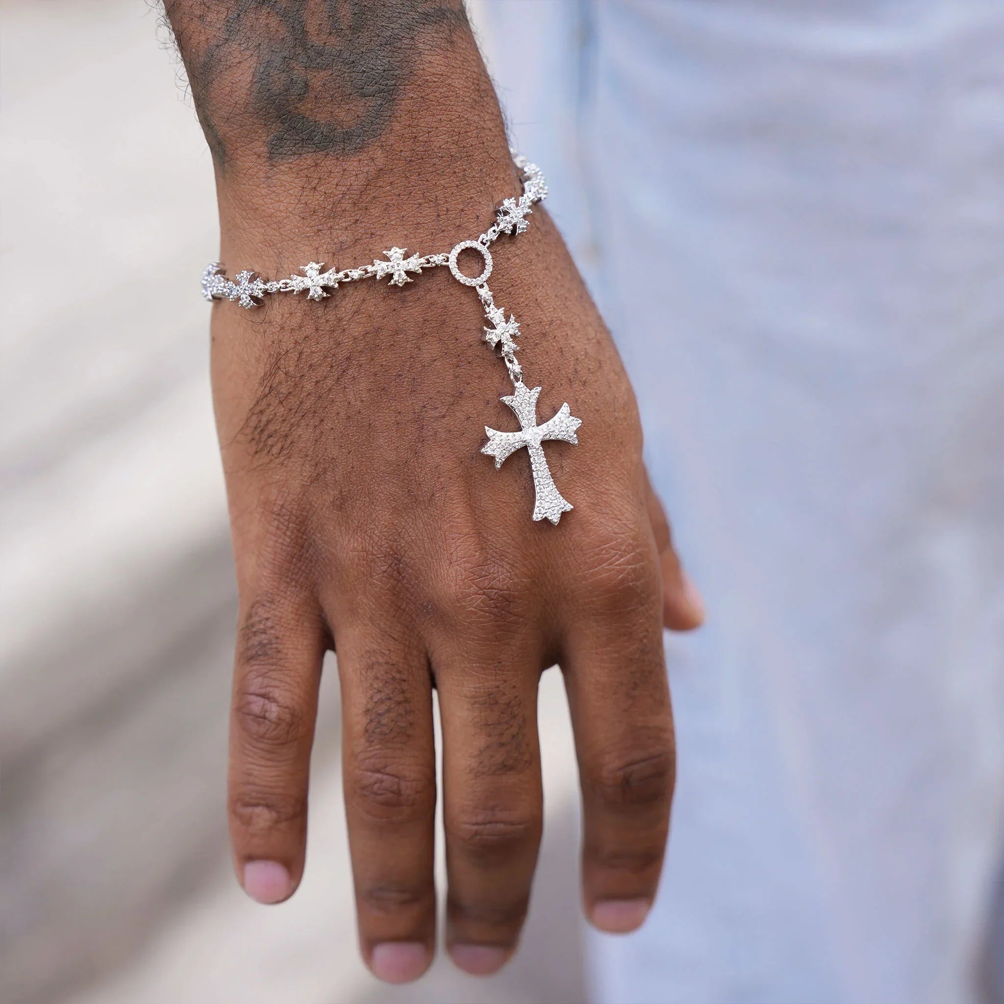 Iced Flared Cross Rosary Bracelet in White Gold
