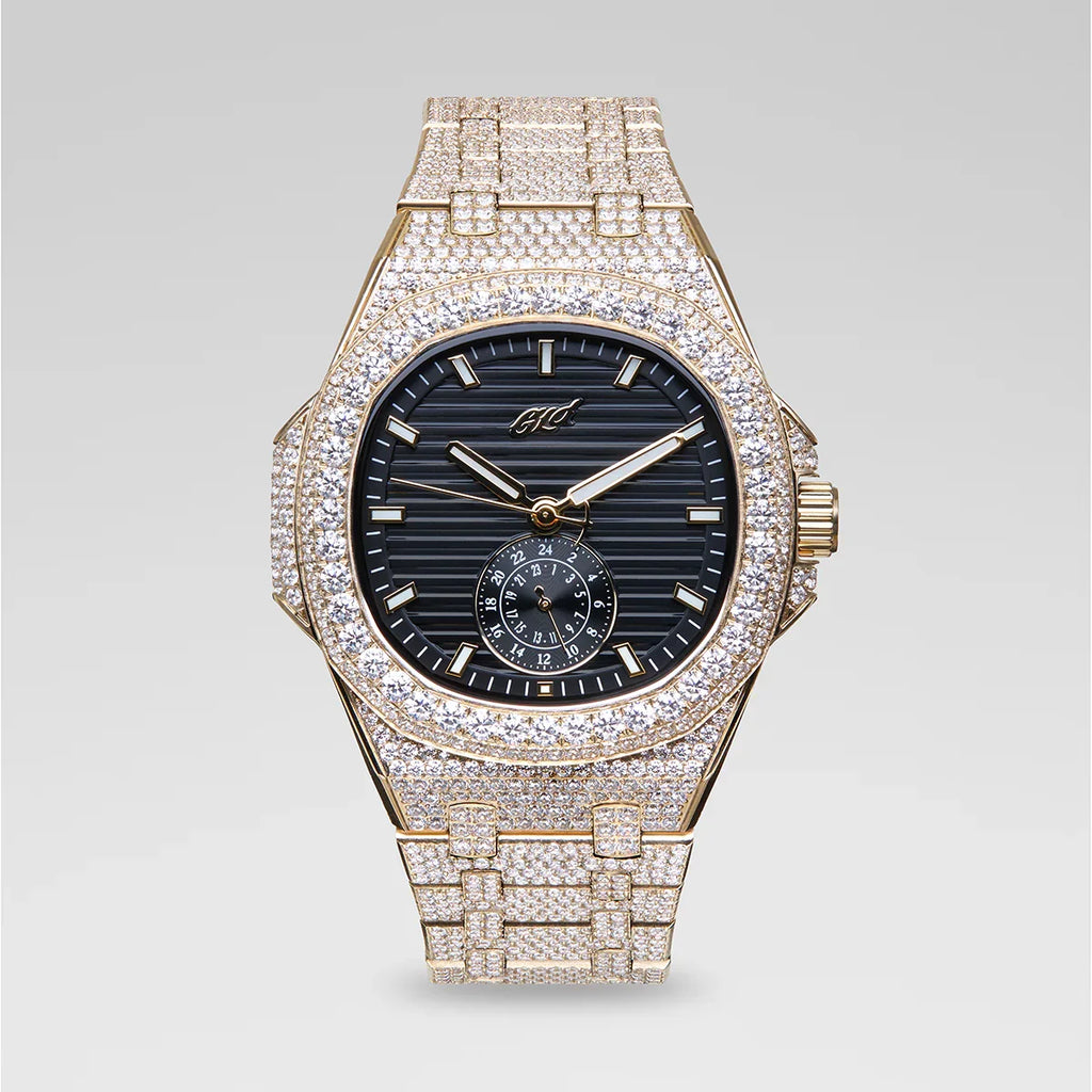 39MM Visionary Fully Iced Case & Black Dial Watch - Yellow Gold