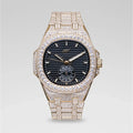 39MM Visionary Fully Iced Case & Black Dial Watch - Yellow Gold