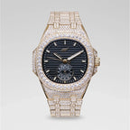 39MM Visionary Fully Iced Case & Black Dial Watch - Yellow Gold