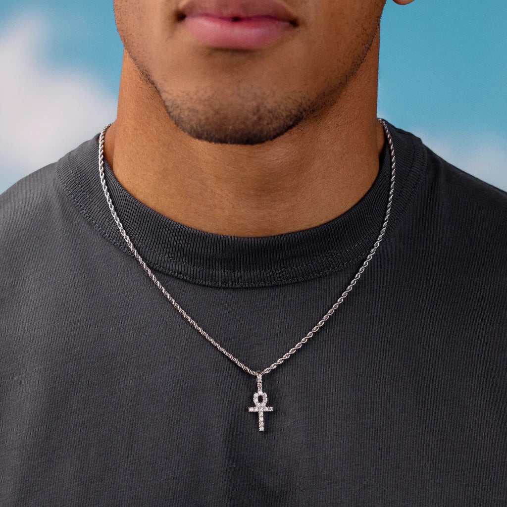 Micro Iced Ankh Cross Pendant in White Gold