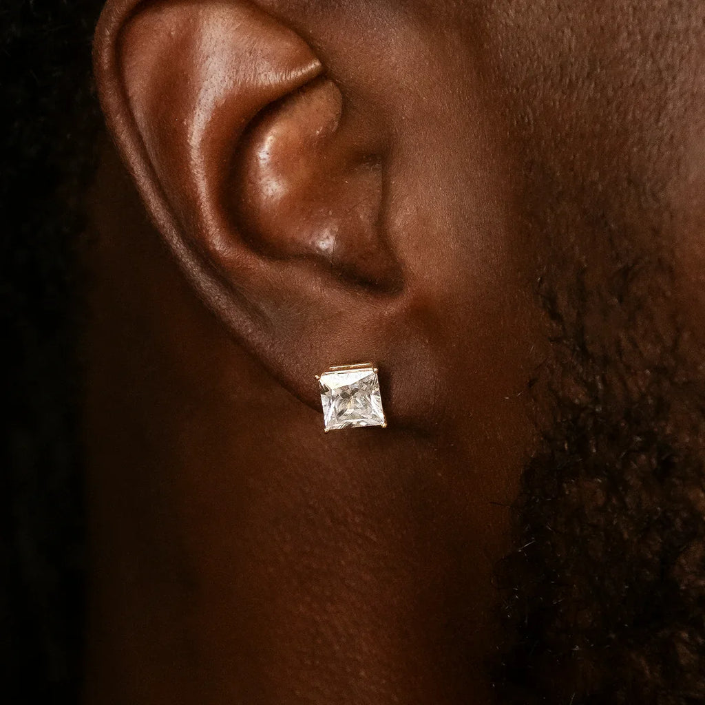 7mm Square Cut Diamond Stud Earrings in Yellow Gold