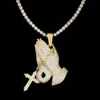 Iced Praying Hands with Cross Pendant in Yellow Gold