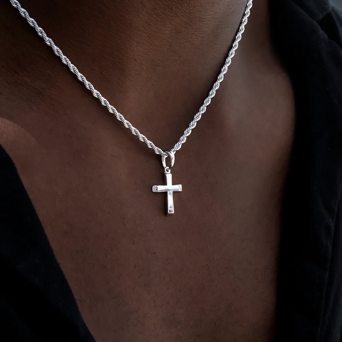 Micro Simple Cross Pendant + 2MM Rope Chain Bundle in White Gold