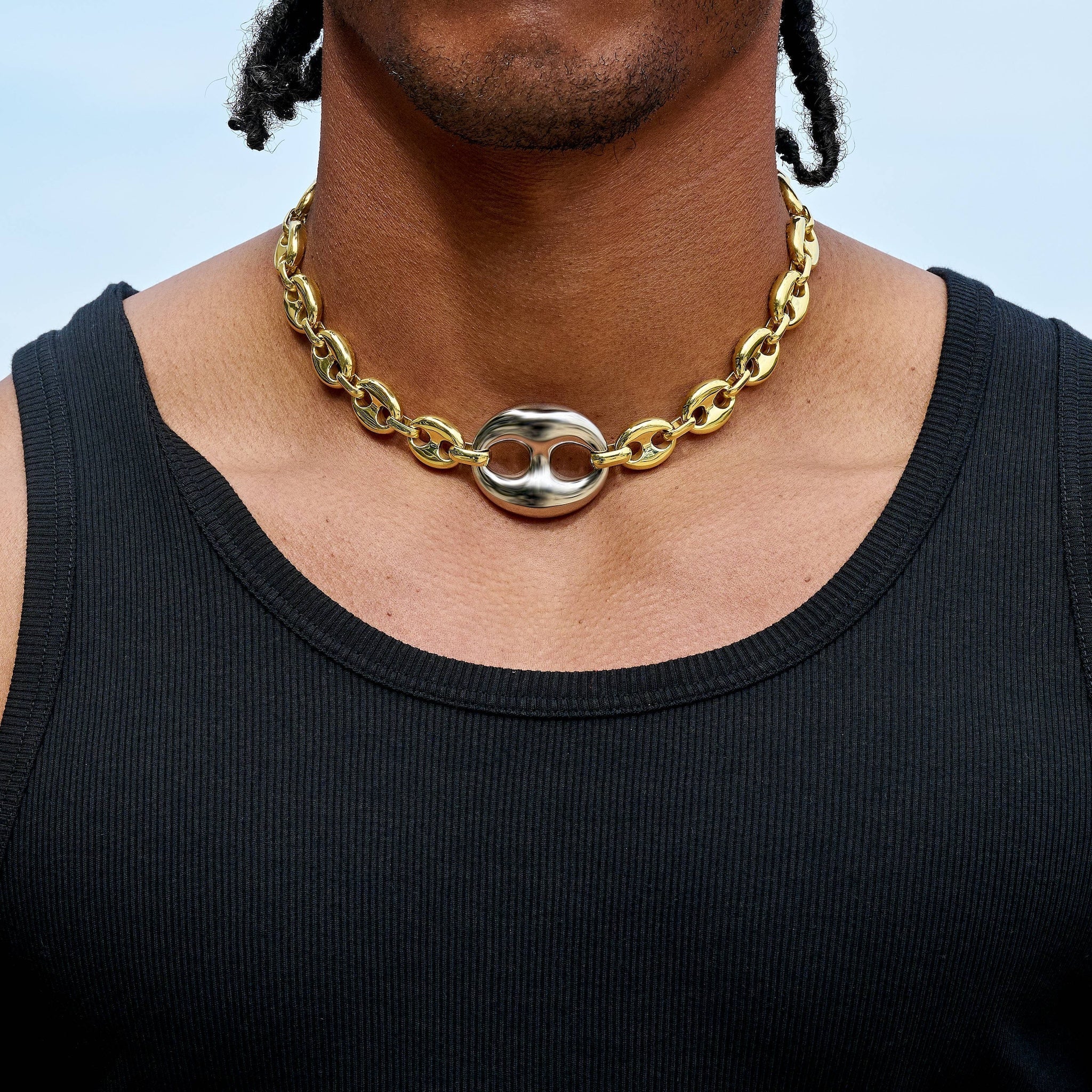 Two Tone Large Link Puffed Mariner Chain in Yellow & White Gold - 15mm