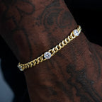 Round Stone Station Cuban Bracelet in Yellow Gold