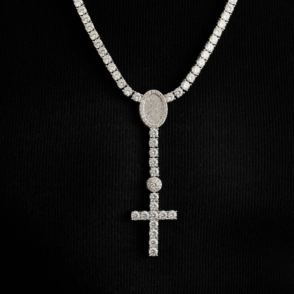 Diamond Eternity Tennis Cross Rosary Lariat in White Gold - 5mm