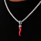 Iced Red Italian Horn Pendant in White Gold