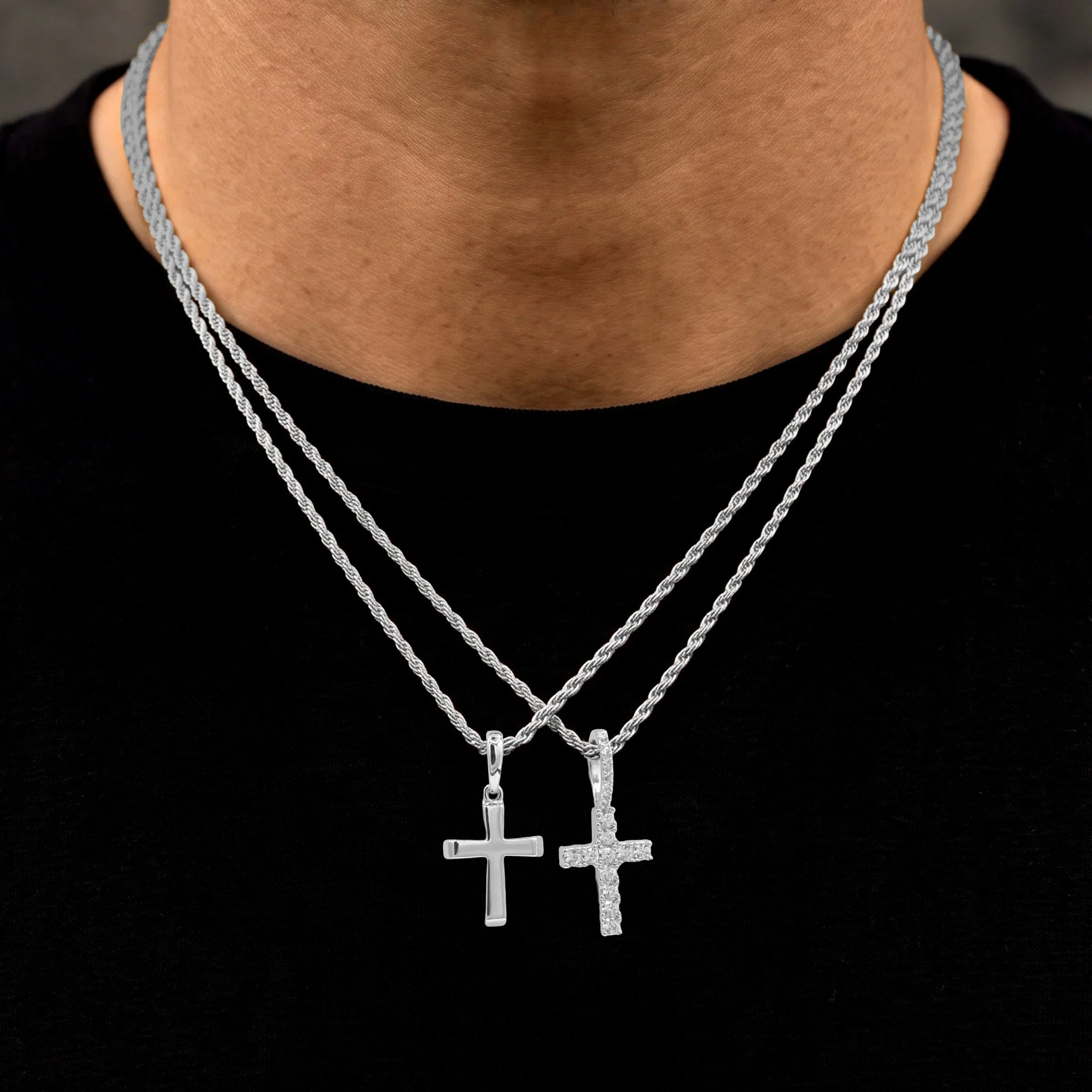 Micro Diamond Cross and Micro Simple Cross Pendant Set in White Gold