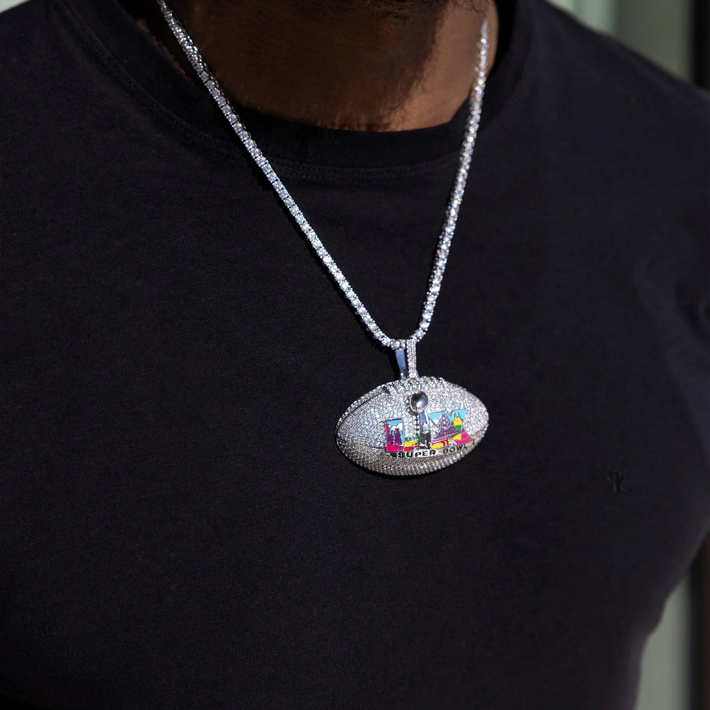 Iced Super Bowl LX Official NFL Football Pendant in White Gold