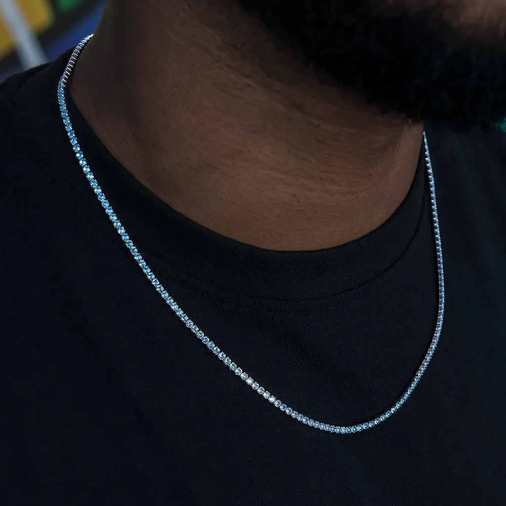Blue Topaz Diamond Micro Tennis Chain in White Gold