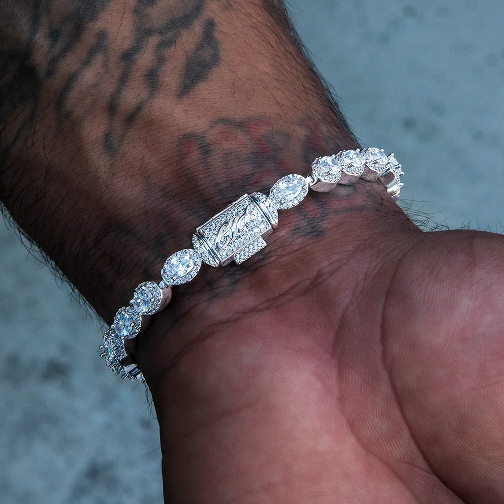 Diamond Oval Clustered Tennis Chain + Bracelet Bundle in White Gold- 4mm
