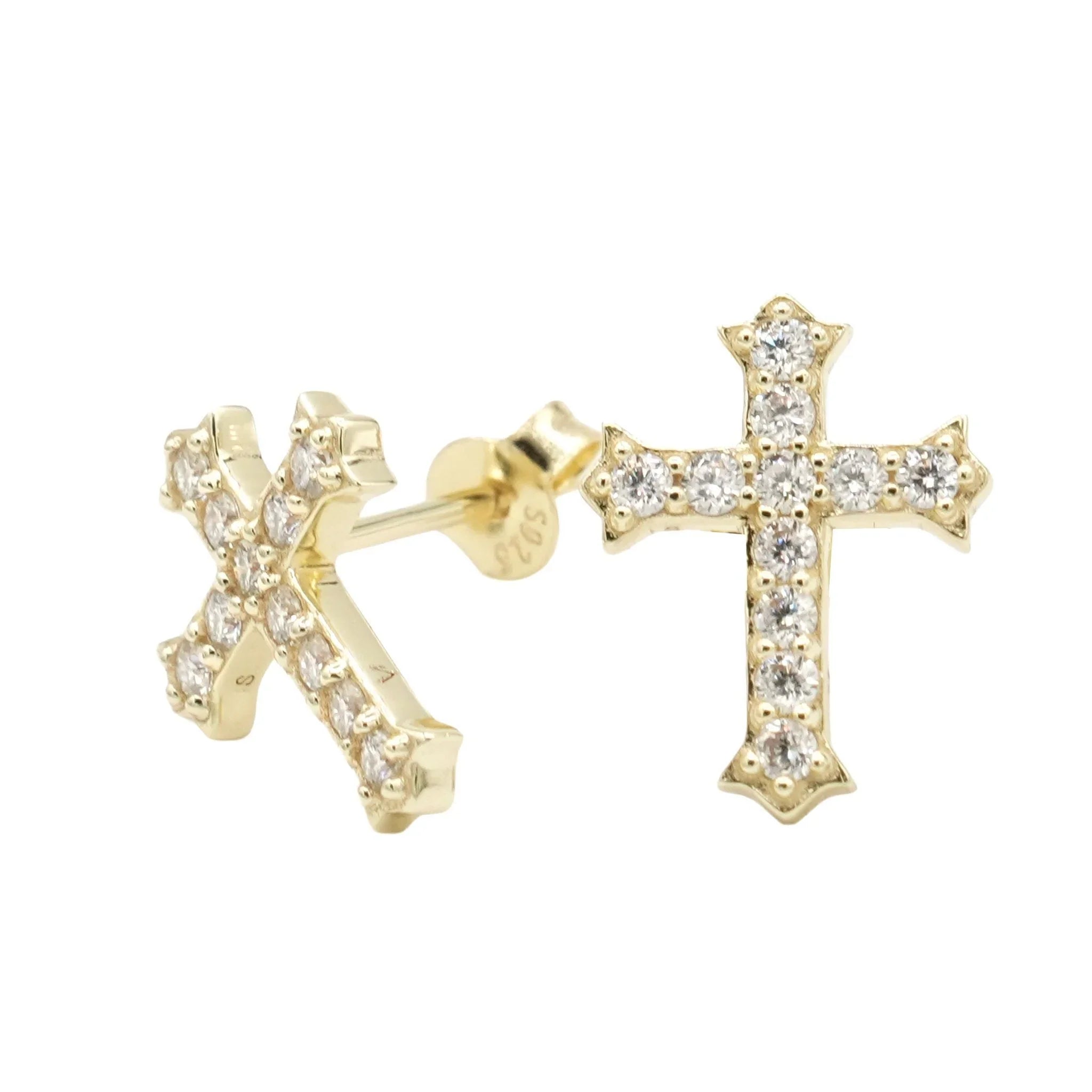 Men's Moissanite Micro Cross Stud Earring in Yellow Gold Vermeil