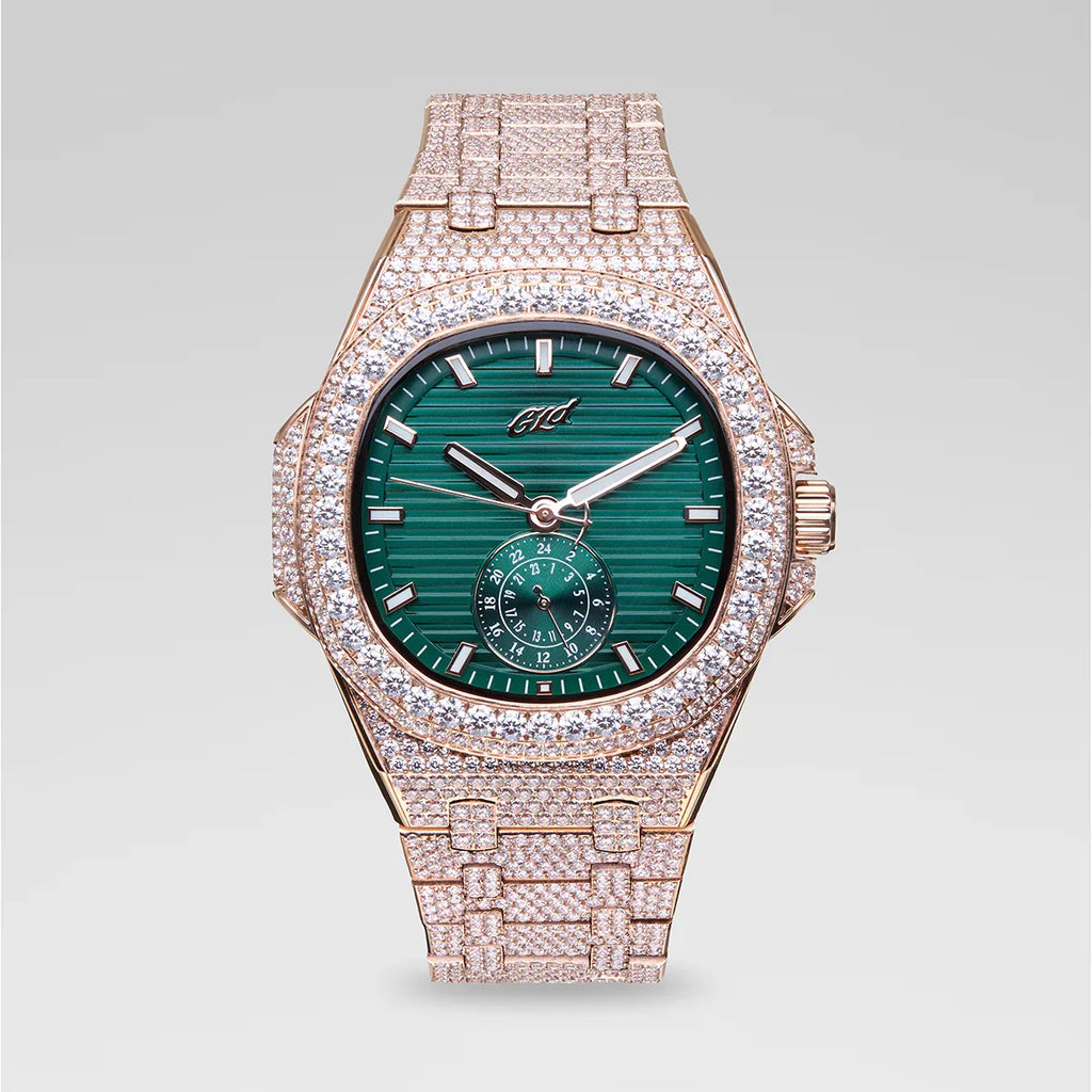 39MM Visionary Fully Iced Case & Green Dial Watch - Rose Gold
