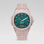 39MM Visionary Fully Iced Case & Green Dial Watch - Rose Gold