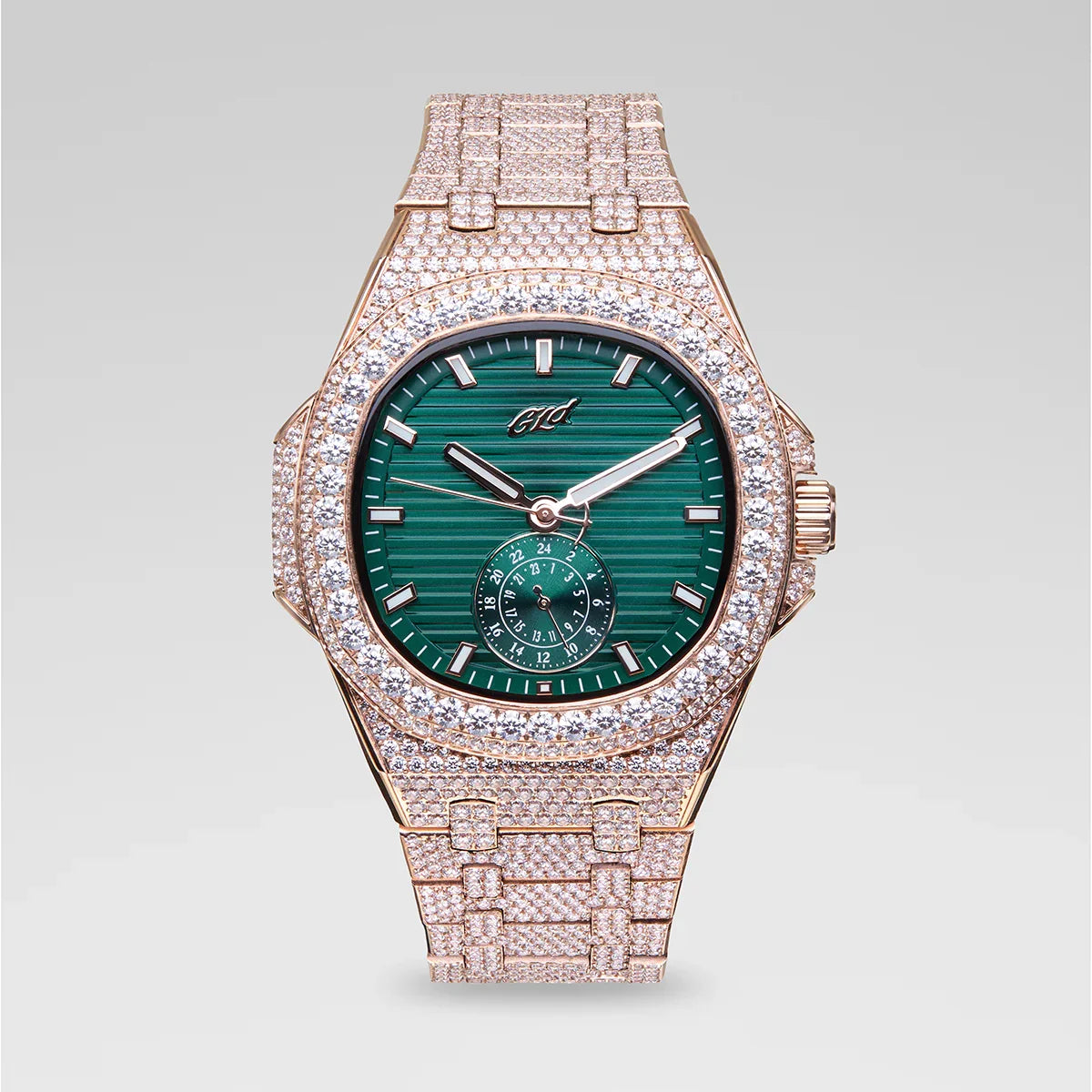 39MM Visionary Fully Iced Case & Green Dial Watch - Rose Gold