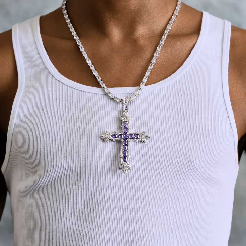 Large Iced Purple Baguette Cross Pendant in White Gold