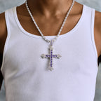 Large Iced Purple Baguette Cross Pendant in White Gold