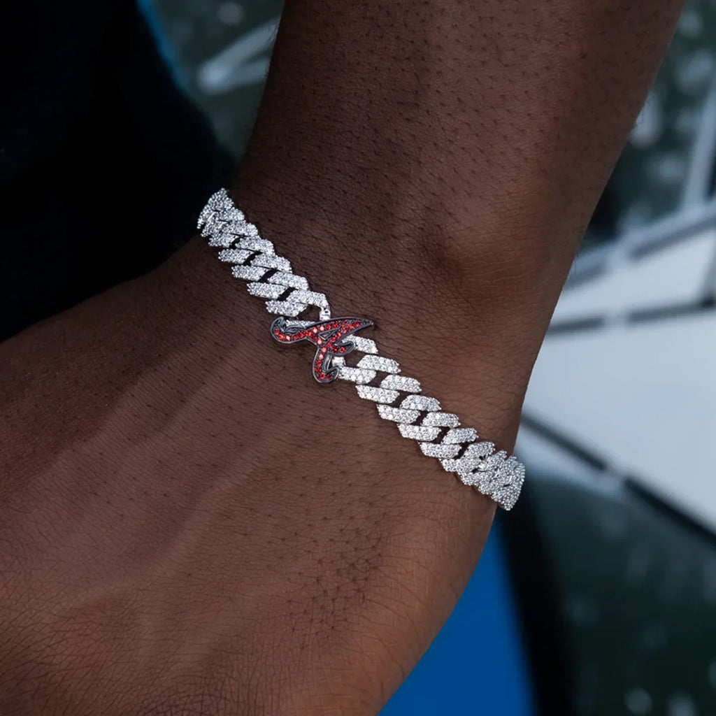 Atlanta Braves Official MLB Diamond Prong Cuban Bracelet in White Gold- 8.5mm