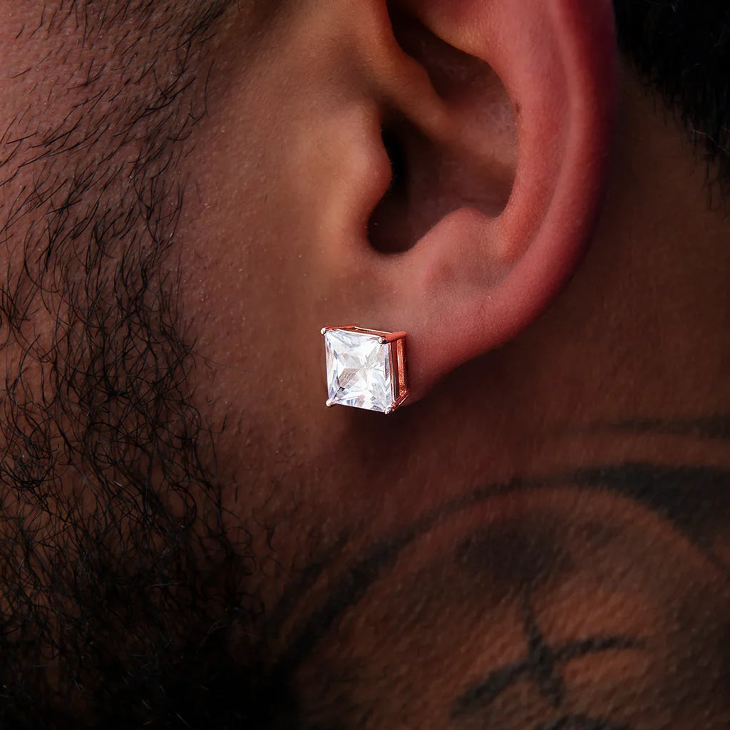 8MM Square Cut Diamond Stud Earrings - Rose Gold