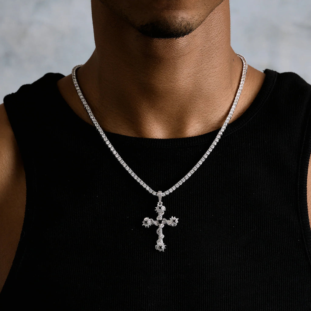 Iced Black Spike Cross Pendant in White Gold