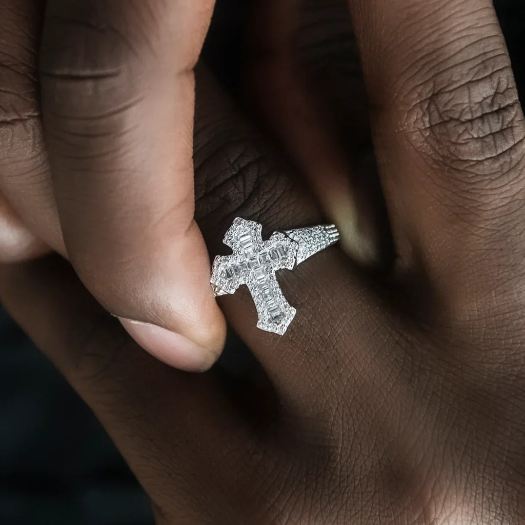 Diamond Baguette Gothic Cross Ring in White Gold Vermeil
