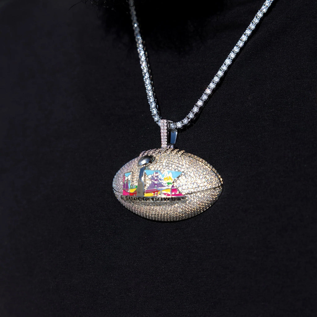 Iced Super Bowl LX Official NFL Football Pendant in White Gold