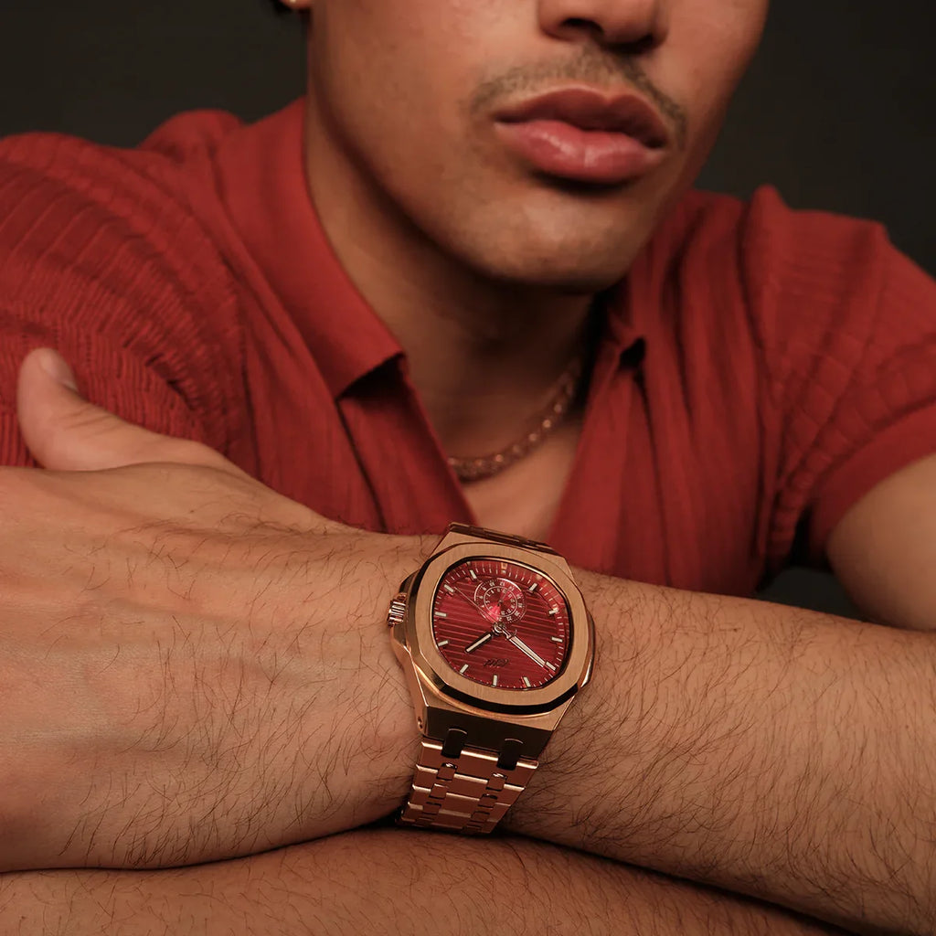 39MM Visionary Plain Case & Red Dial Watch - Rose Gold