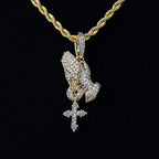 Micro Iced Praying Hands with Cross Pendant in Yellow Gold