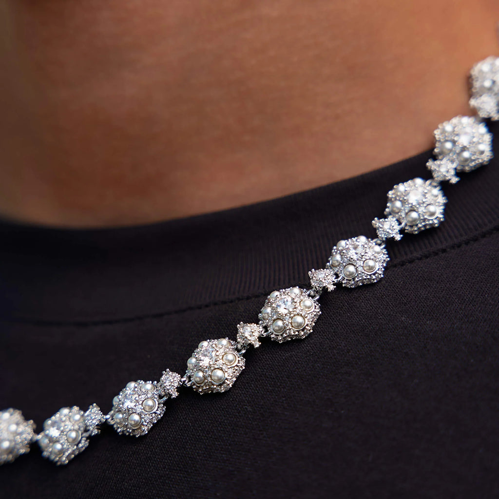 Iced Clustered Pearl Flower Chain in White Gold - 12MM