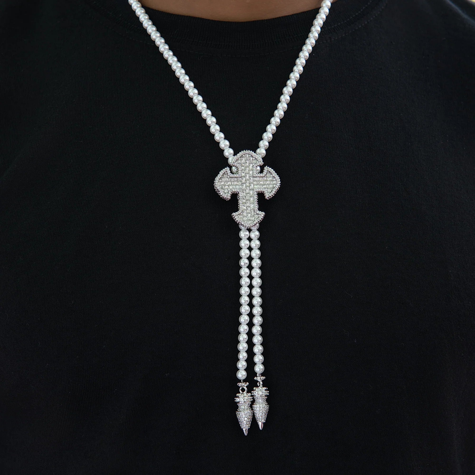 Iced Cross Pearl Bolo Chain in White Gold