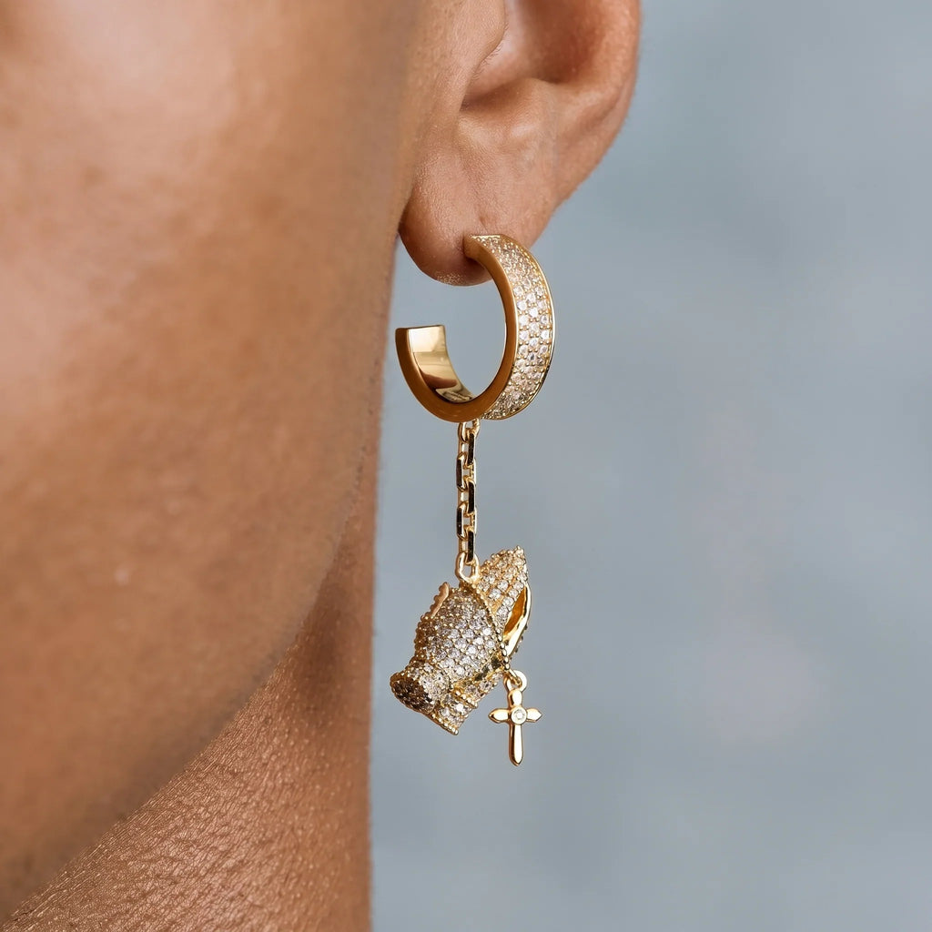 Iced Hanging Praying Hands Hoop Earring in Yellow Gold