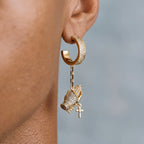Iced Hanging Praying Hands Hoop Earring in Yellow Gold