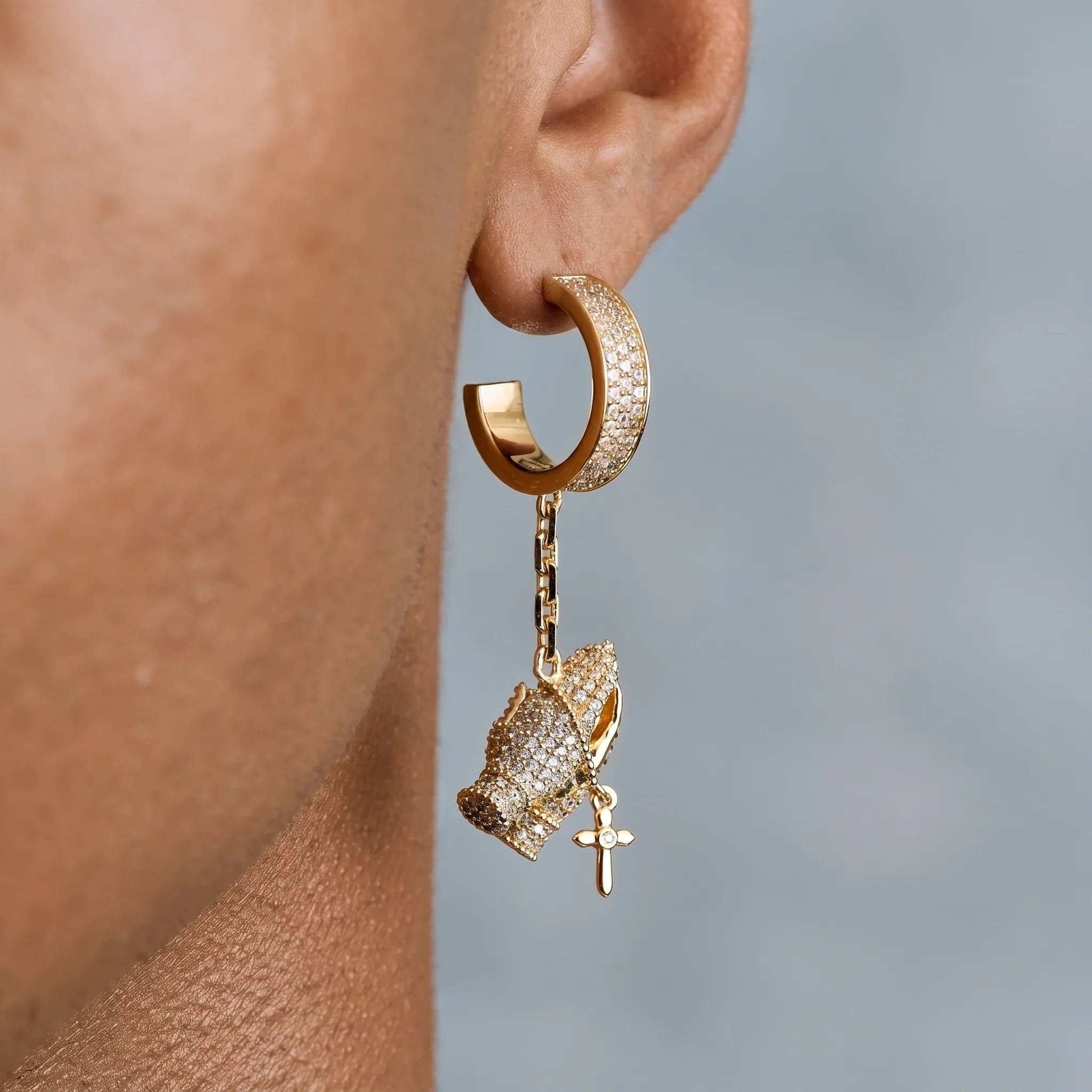 Iced Hanging Praying Hands Hoop Earring in Yellow Gold