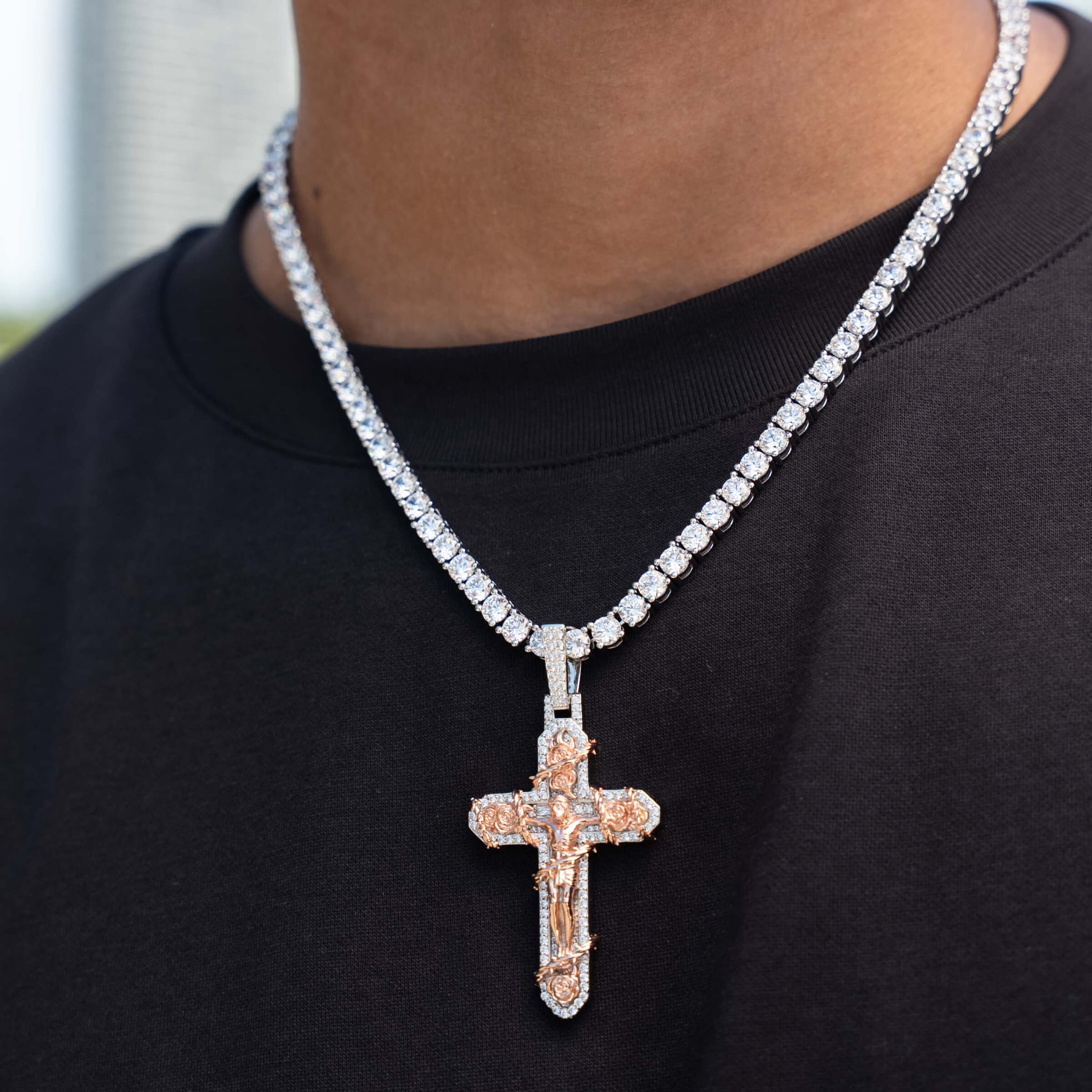 Large Diamond Rose Thorn Crucifix Pendant in White Gold