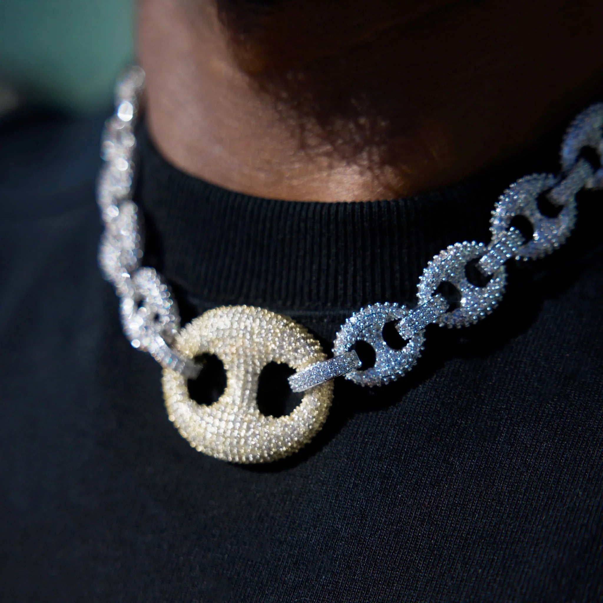 Iced Two Tone Large Link Puffed Mariner Chain in White & Yellow Gold - 15mm