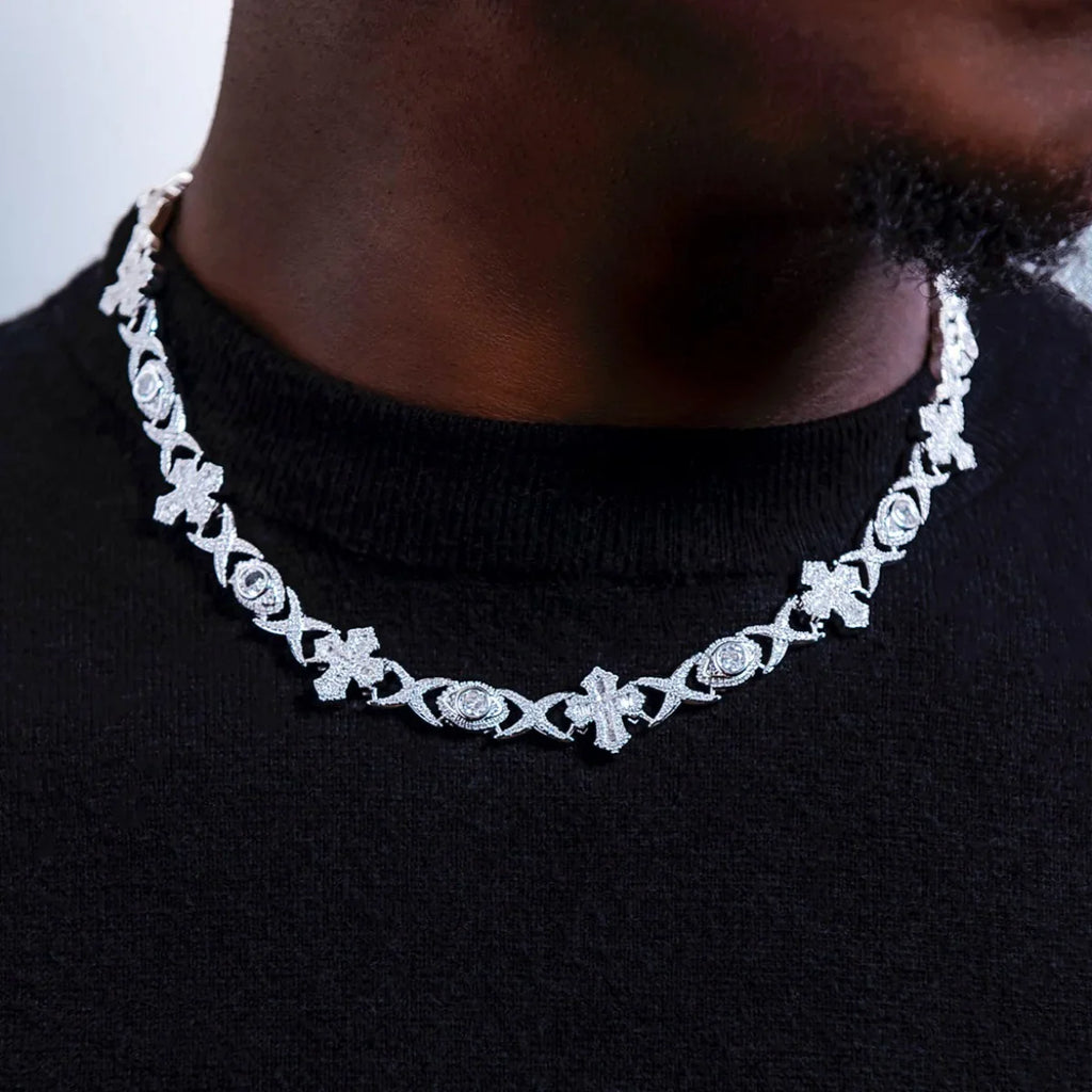 Baguette Cross Evil Eye Chain in White Gold - 16mm