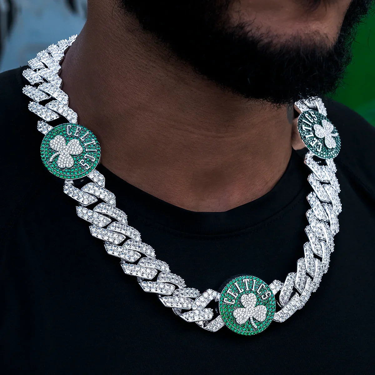 Boston Celtics Official NBA Diamond Prong Cuban Chain in White Gold- 25mm